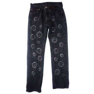 Levis 501 Jeans Bleached Smiley Face Black Denim Button Fly Straight Leg 30 x 32
